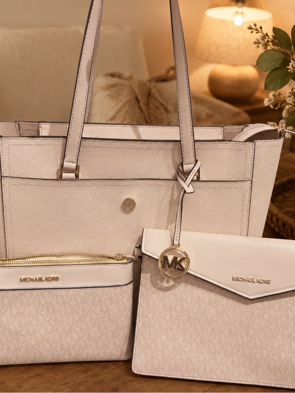 Michael Kors Maisie large blush Tote, Crossbody & Pouch Set